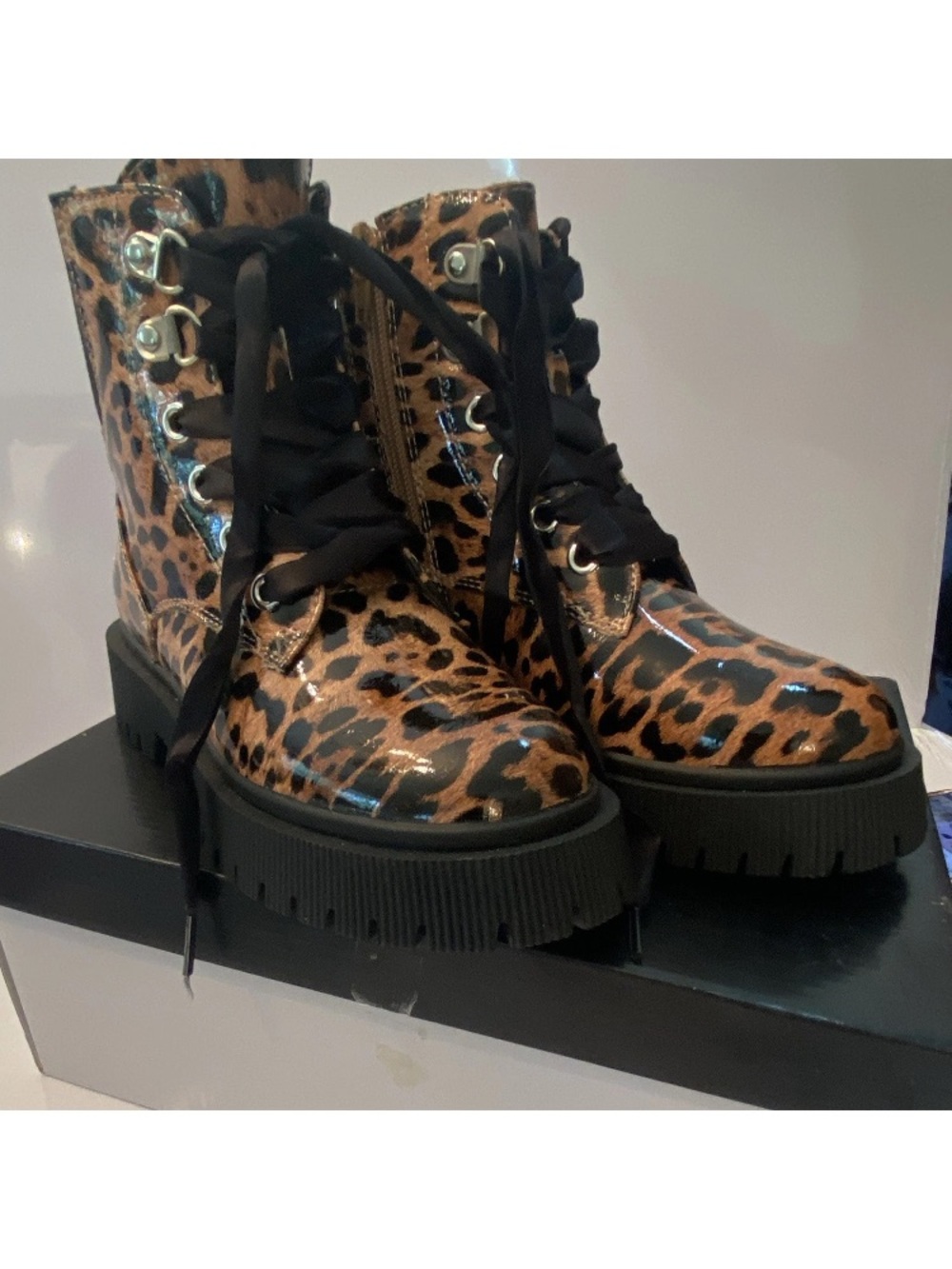 DV by Dolce Vita Leopard-Print Lace-Up Platform Combat Boots in Brown & Black